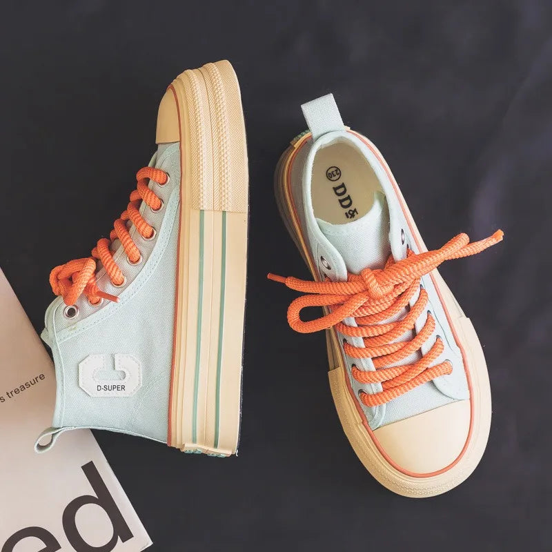 2026 Summer Women's Sneakers New Canvas Lace-Up Women's Sports Shoes Breathable Platform Sneakers Shoes White Casual Women Shoes