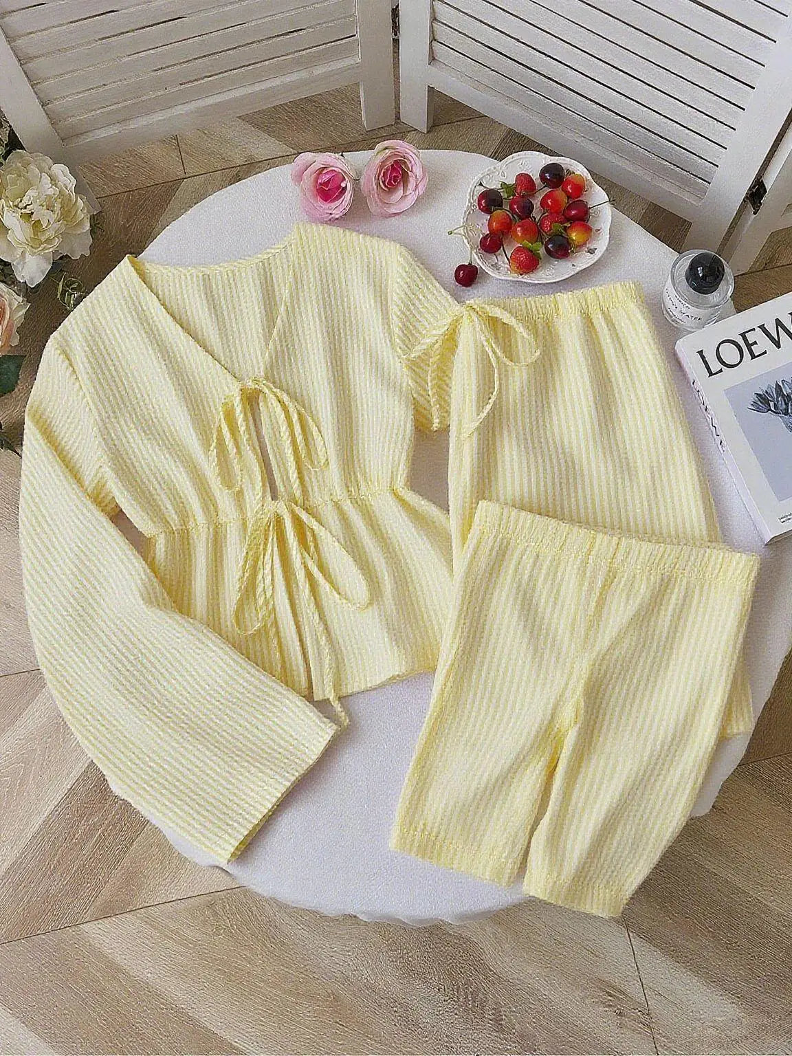 2026 Summer Two Piece Set Women Striped V Neck Lace Up Sleeveless Blouse High Waist Wide Leg Pants Suits Sweet Casual Tracksuits
