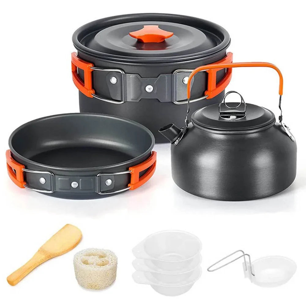 Complete Camping Kitchen Cookware Tableware & Teapot for 2-3
