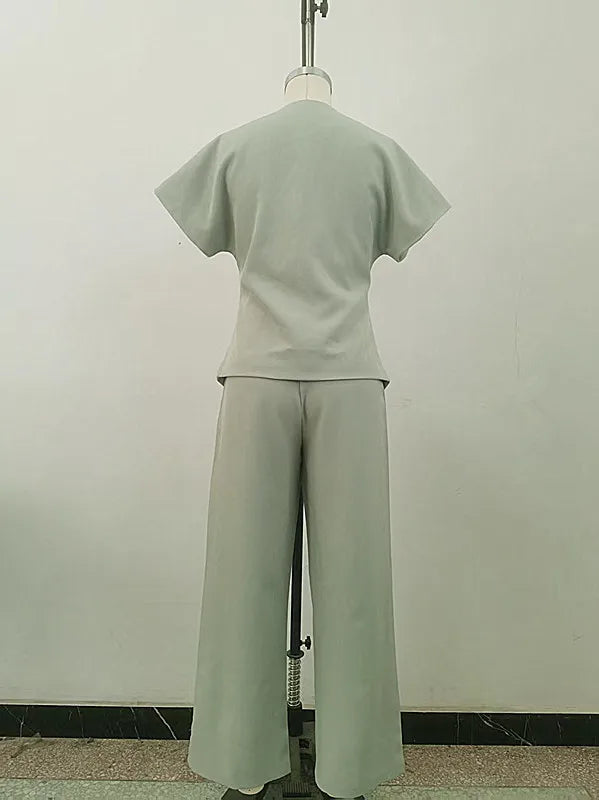 Women Pant Set Two Piece Sets V Neck Short Sleeve Tops Wide Leg Long Pants High Waist Y2k Streetwear Elegant Summer 2026