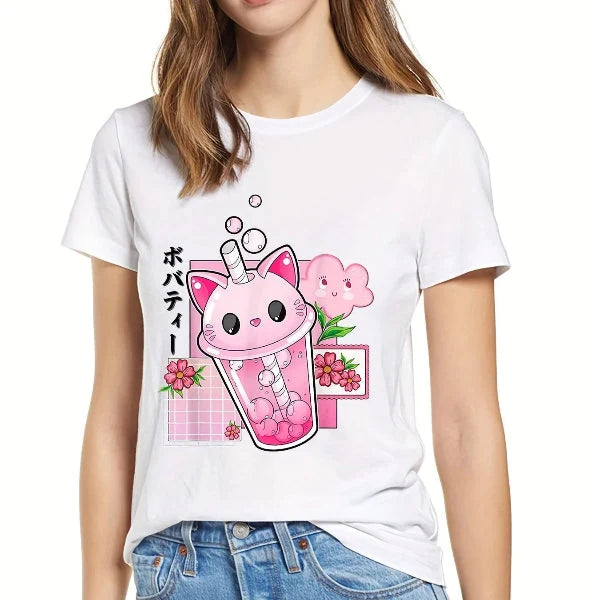 Camiseta con Taza de Gato y Té Boba