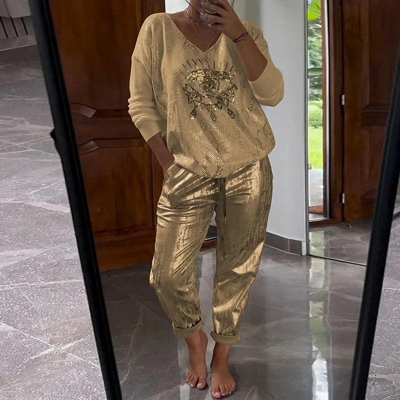 Women's Gold Shining Eye 2 Piece Set Long-Sleeved Top V-Neck Pullover Bronzing Pants Outfit Lace-up Loose Suit Spring Summer