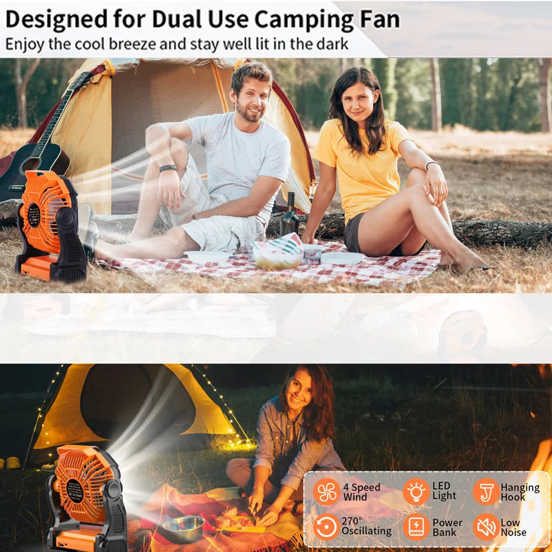 Camping Fan with LED Light, Rechargeable Tent Fan, Portable USB Fan, Quiet Operation, Battery Powered, Hook Design, for Outdoor