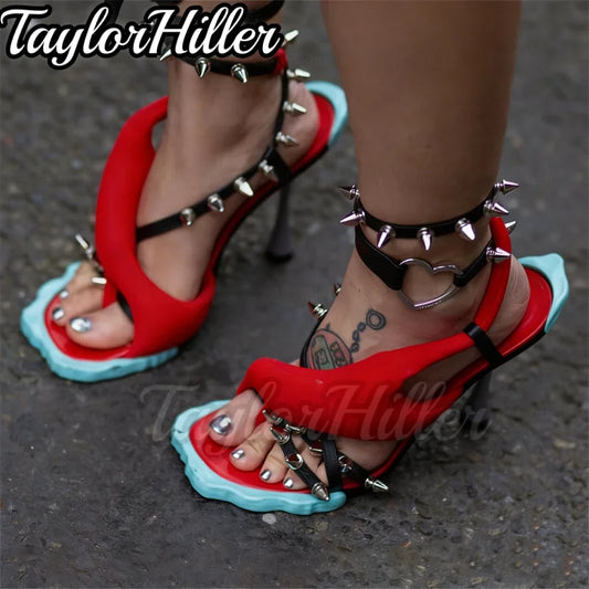 Punk Style Rivets Flower Heeled Sandals Open Toe Mixed Color High Heels Women Luxury Designer Summer Spike Heel Shoes Y2K Shoe