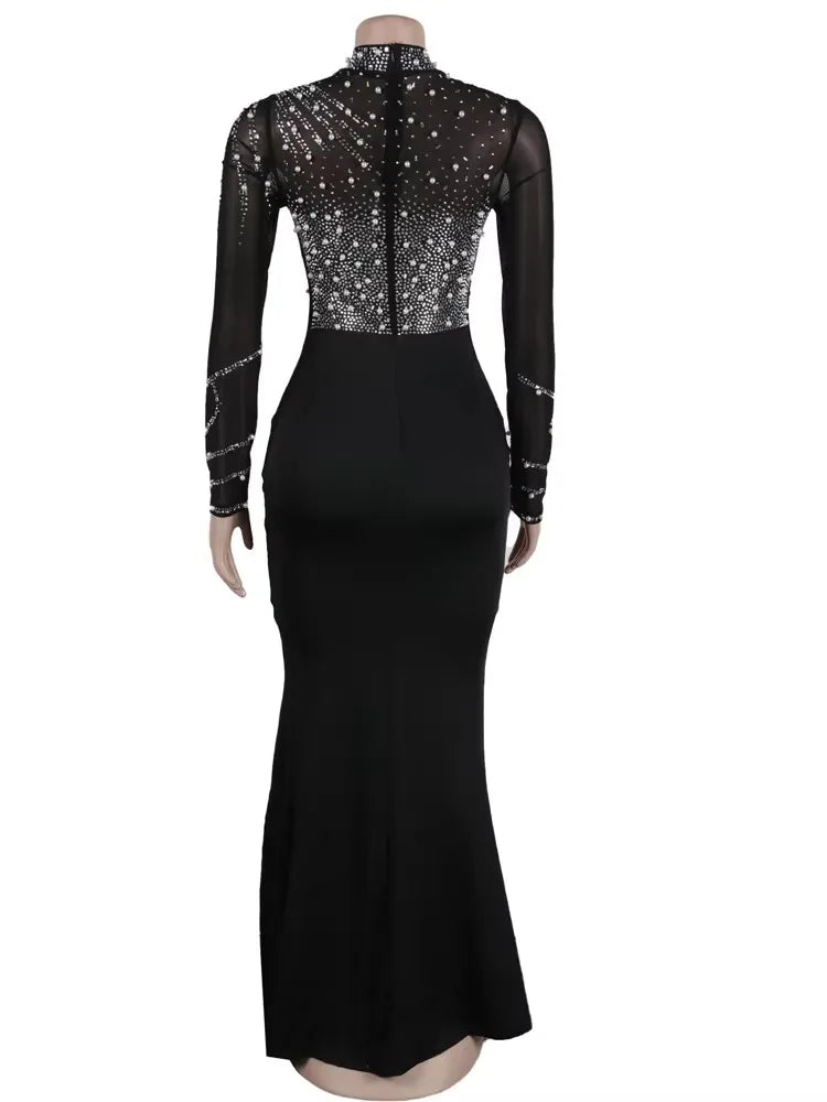 Beyprern Vestido Largo Maxi de Mujer con Abertura Alta y Adornos de Cristales, Vestido de Fiesta Glamoroso de Manga Larga con Diamantes, Atuendos de Celebridades