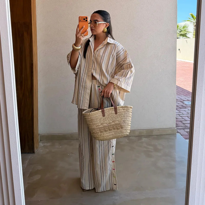 Casual Shirt Pants Women's Set Elegant Belt Long Sleeve Female Blouse Wide Leg Trousers 2026 Summer Autumn Lady Outfit New