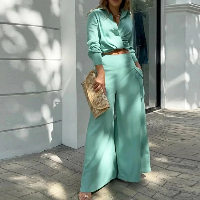 Women's Elegant Pants Sets Solid Long Sleeve Crop Shirt & High Waist Pants Two Piece Set Casual Work Suit Female V-Neck Top