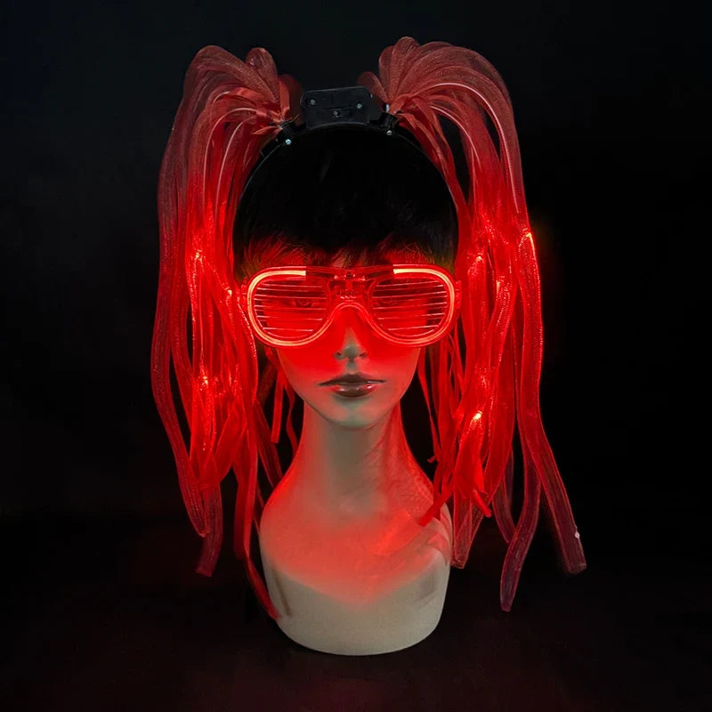Funny LED Light Up Flashing Party Noodle Bridal Headband LED Glasses Girls Noodle Hair Bachelorette Party Rave Costume Dress Up