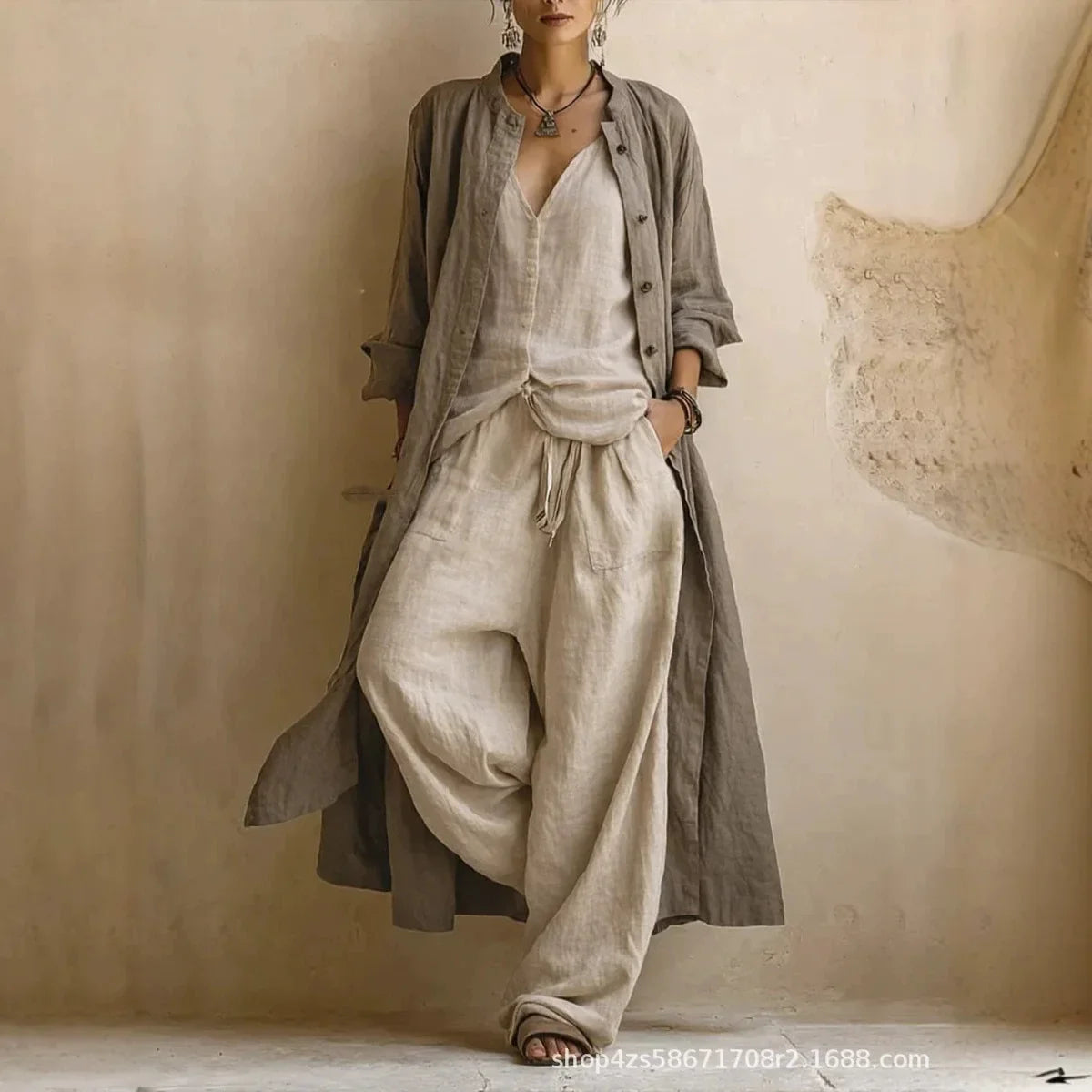 Women Casual Loose Long Sleeve 3 Piece Suits Autumn Vintage Solid Street Outfits Sexy V-neck Top + Long Pant + Cardigan Set