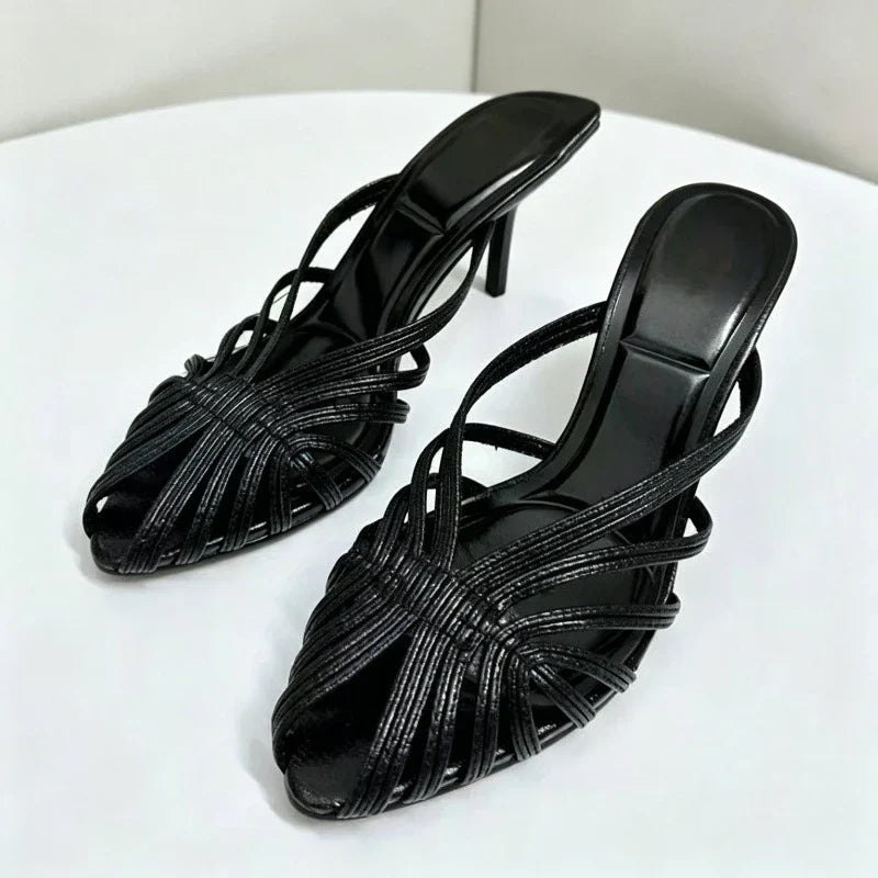 Gold Shiny Luxury Mules Heeled Sandals Women Weave Rome Heels for Ladies Banquet Dress Shoes Fashion Retro Slippers Women Slides