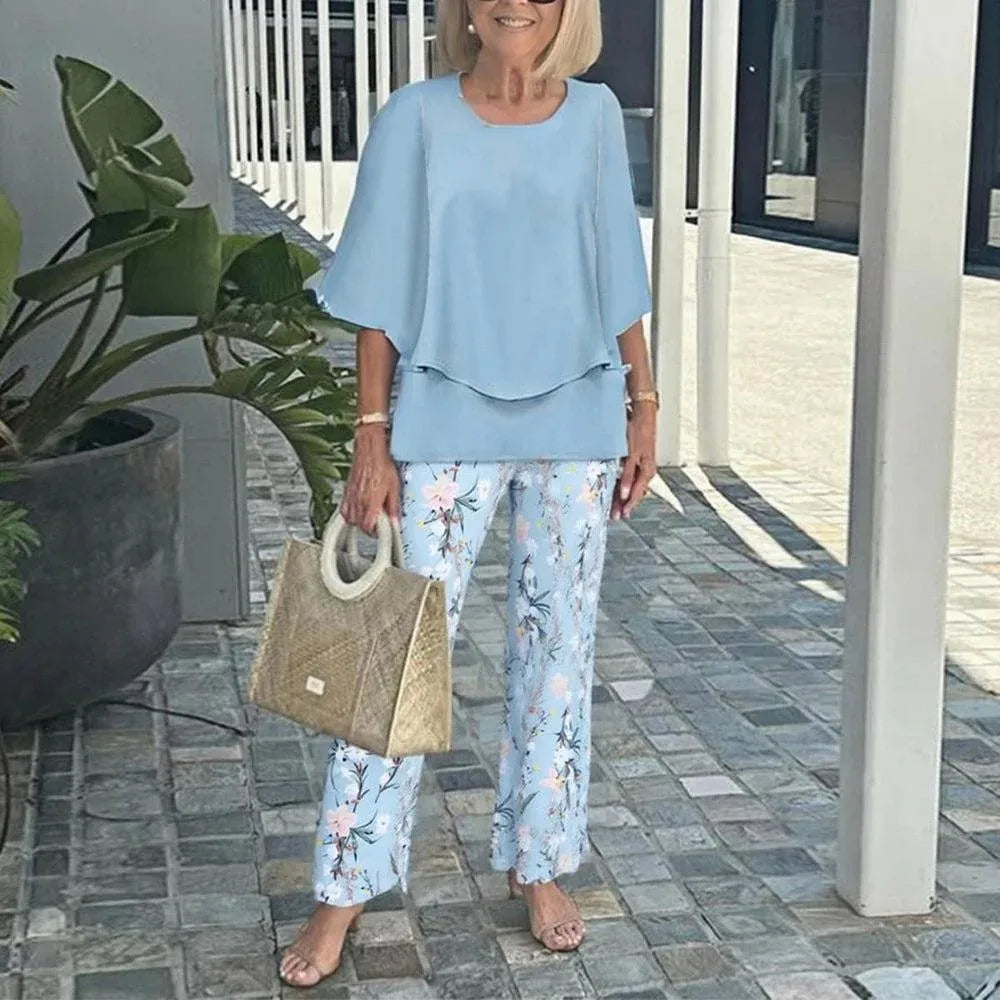 Summer Fashion New 2 piece Sets Women o-neck Sleeve print Pants Suits Casual Loose Irregular Top Wide Leg Pant two piece Set