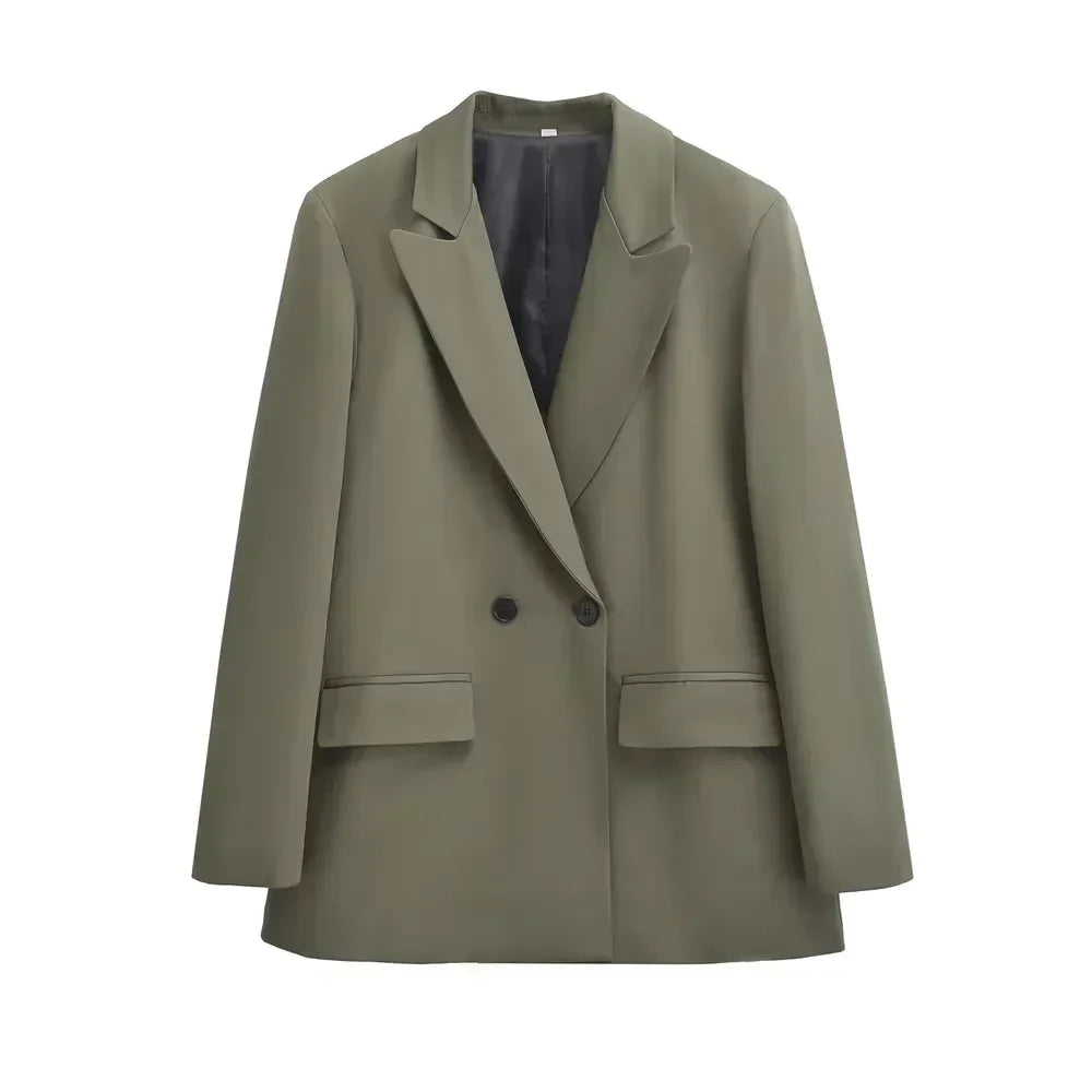 TRZA-Abrigo Blazer Cruzado para Mujer, Ropa de Oficina, Manga Larga, Bolsillos con Solapa, Prendas de Abrigo Femeninas, Blusas Elegantes, Moda