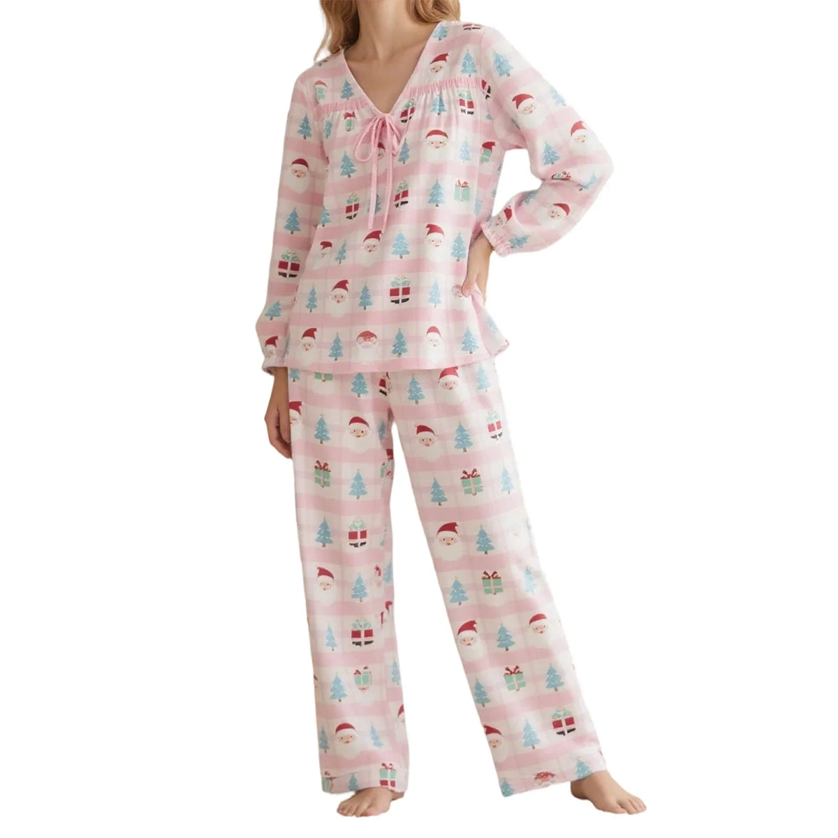 Women Christmas Pajamas Long Sleeve Tie-up V Neck Tops and Pants Loose Fall Winter Two Piece Loungewear