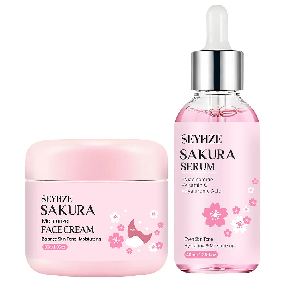 SEYHZE Sakura Collagen Essence + Moisturizing Cream Facial Care Set - 2pcs Packed with Collagen Peptides Vitamin C/E Aloe Niacin