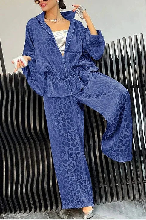 Spring Autumn Fashion Leopard Print 2 Piece Sets Women Fall Lapel Zipper Drawstring Coat Wide-leg Pants Outfit Long Sleeve Suit
