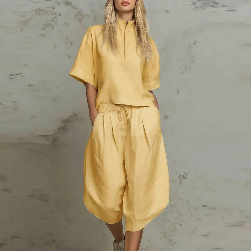 Summer Zipper Half Sleeve Shirt High Waist 3/4 Length Pants Suit Women Comfortable Two Piece Set Female Tracksuits