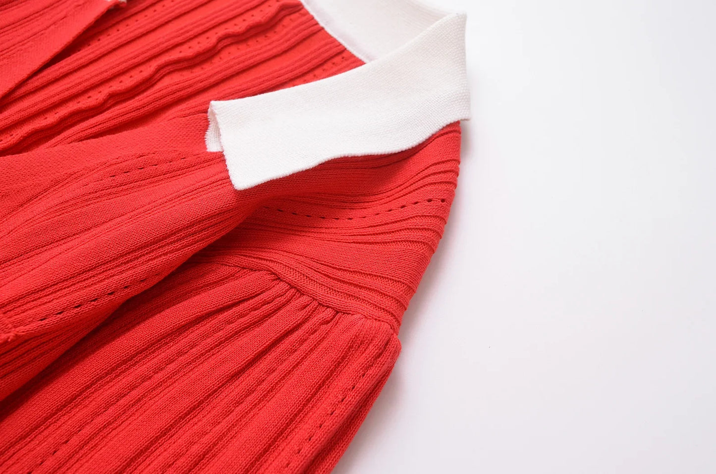 Foridol Red Knitted Polo Dress Autumn Winter Women Dress Casual Elegant Maxi A-line Hollow Out Dress Slim Christmas Party