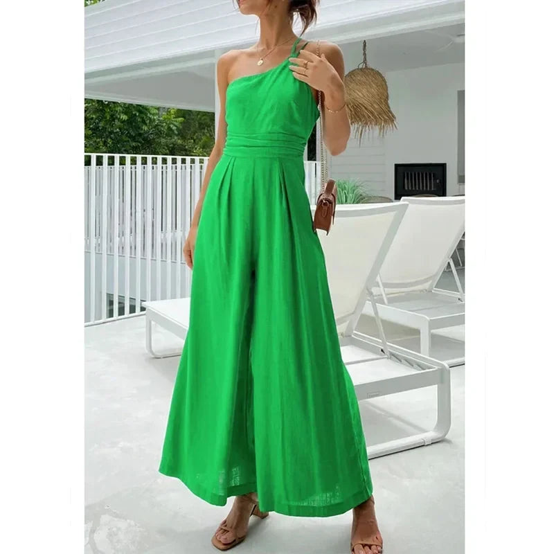 Foridol Waist Folds Backless Double Strap Casual Wide Leg Jumpsuit Long Pants Green 2025 New Female Loose Jumpsuit
