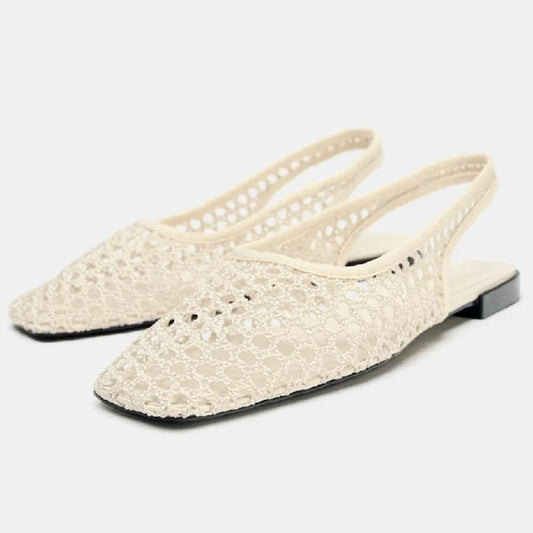 Weave Mesh Breathable Mules Sandals for Women Summer New Slingback Beach Shoes Casual Square Toe Fashion Ballet Flats Ladies