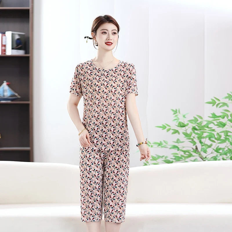 Summer Women's Ice Silk Home Set T-shirt+Pants Fashionable Multi-color Set Thin Asian Size Clothing Plus Size