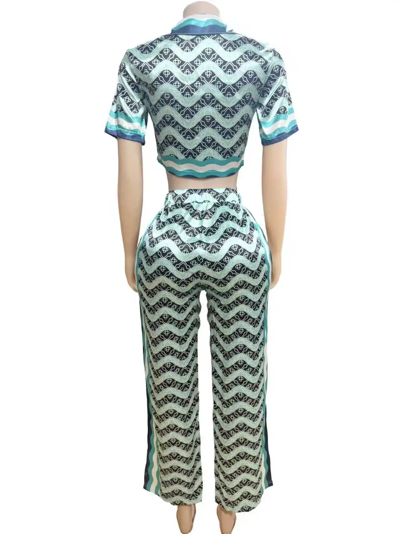 STYLISH LADY Printed Satin 2 Piece Set Women Short Sleeve Crop Top and Pant Suits 2025 Summer Elegant Party OL Outfits