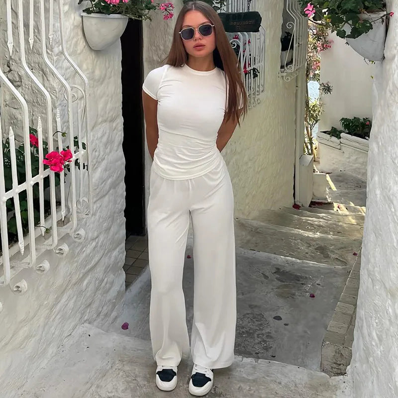 Casual Long Pants Suits Women O-neck Short Sleeve T-shirt Elastic Waist Trousers Set Spring Summer Solid Lady Household Clothes