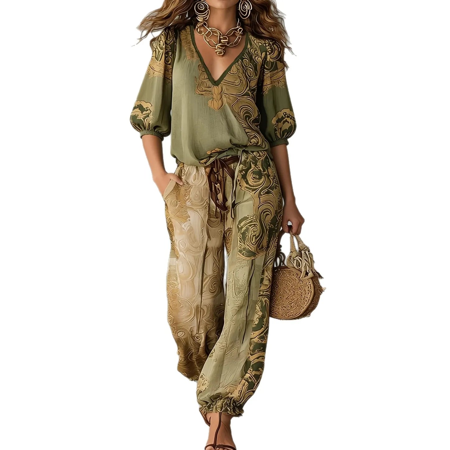 Elegant Ethnic Swirl Pattern Two Piece Suit Ladies Mid Sleeve Shirts Drawstring Waist Harem Pants Bohemian Holiday Casual Set