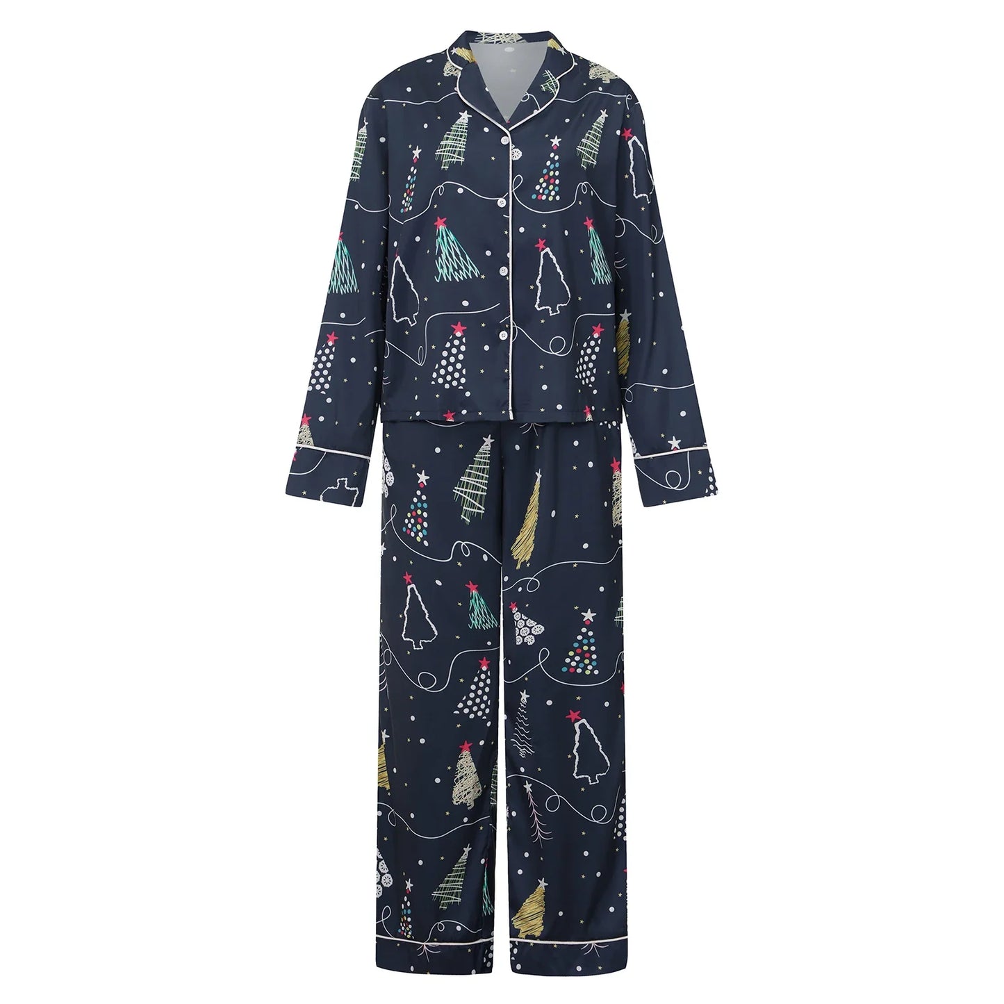 Women Christmas Pajamas Set Bow/Santa/Tree Print Long Sleeve Shirts Tops and Pants Sleepwear 2 Pieces Loungewear Suits