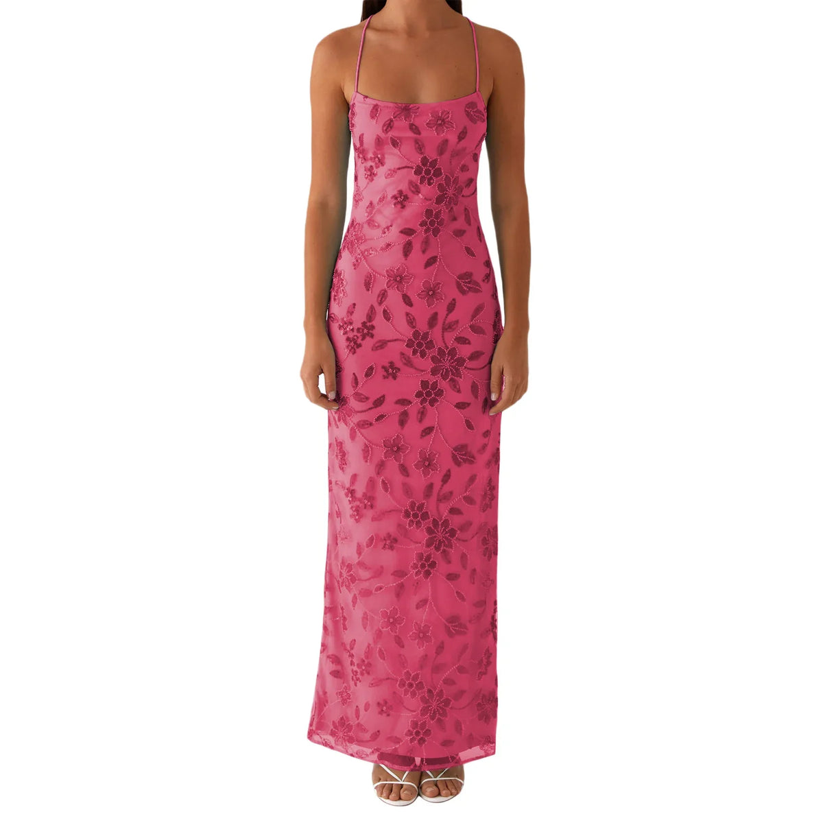 Women Summer Glitter Sequin Beaded Flower Cami Dress Slim High Split Spaghetti Strap Open Back Long Dresses for Party Club