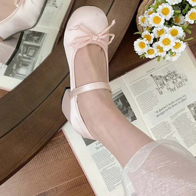 2025 spring cute sweet Bowknot Mary Janes for Women vintage Silk Med Heels pumps Ladies Banquet Wedding Single Shoes Mujer