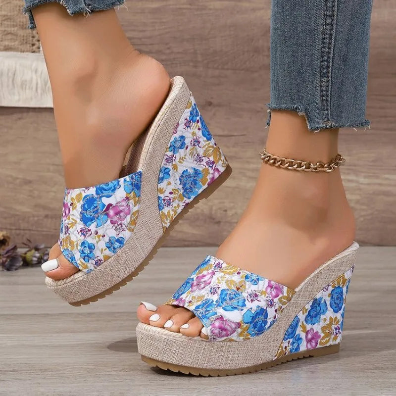 2026 New Women Shoes Fashion Shoes Casual Flip Flops Summer Print Peep Toe Wedge Slippers