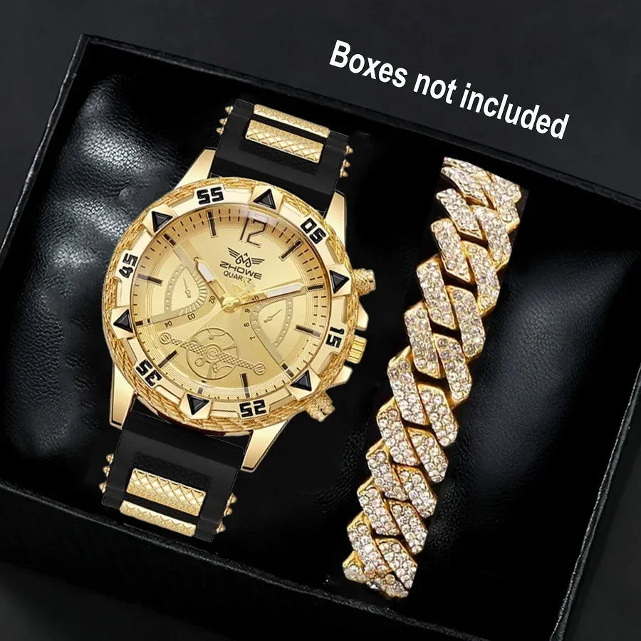 Business 2PCS Men's Fashion casual Luxury Silicone Band Diamond Quartz Bracelet Wrist Watch set(Box Not Included )