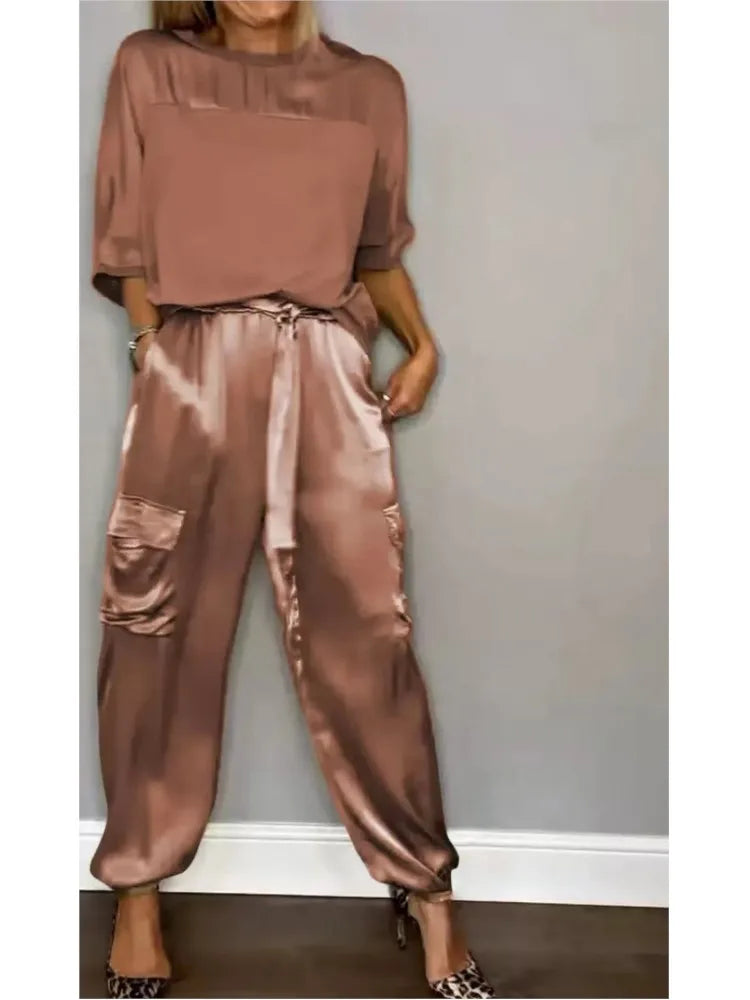 Women's Summer Fashion Solid Satin Two Piece Set Women O Neck Long Sleeved Top Long Pants Casual Loose 2 Piece Set Women Clothes