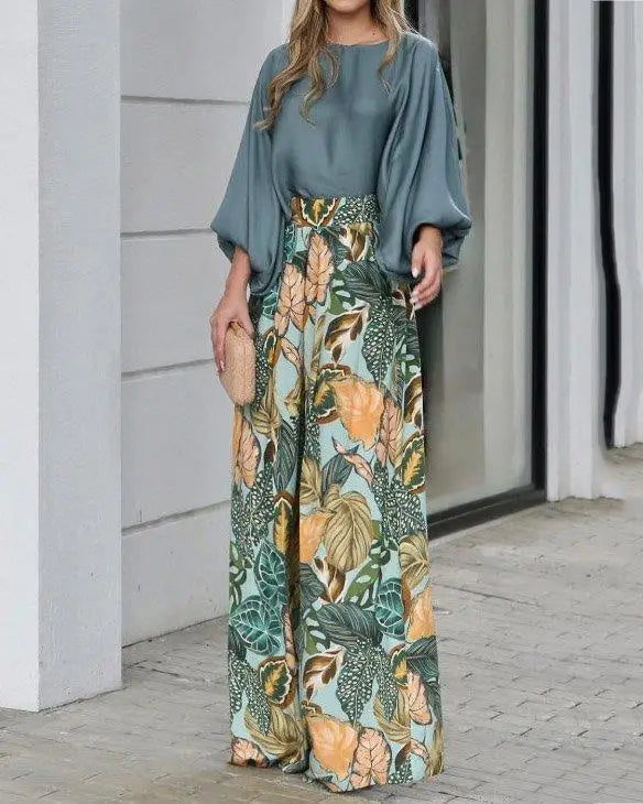 New Women's Clothing Set Lantern Sleeves Loose Top Printed Wide Leg Pants Two Piece Set Casual Ladies Trouser Outfit 2025 Summer