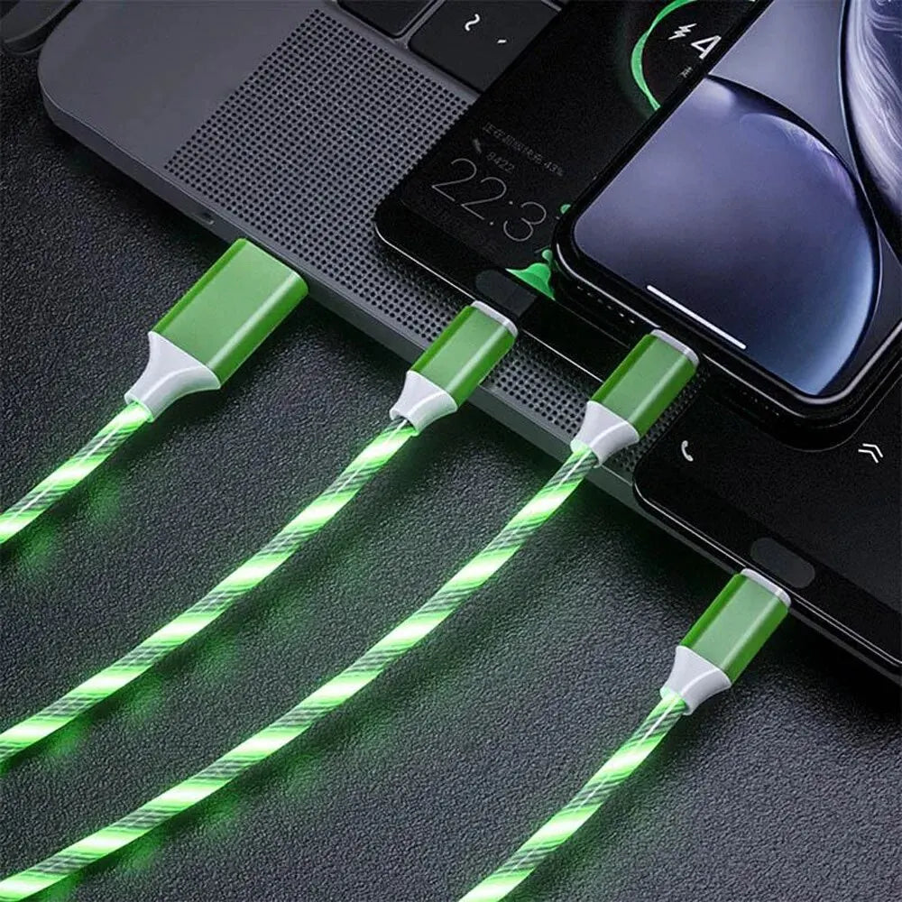 3 in 1 Fast Charging Cable with LED Lighting, 3A, Micro USB Type C, for IPhone, Samsung, Xiaomi, Phone Charger