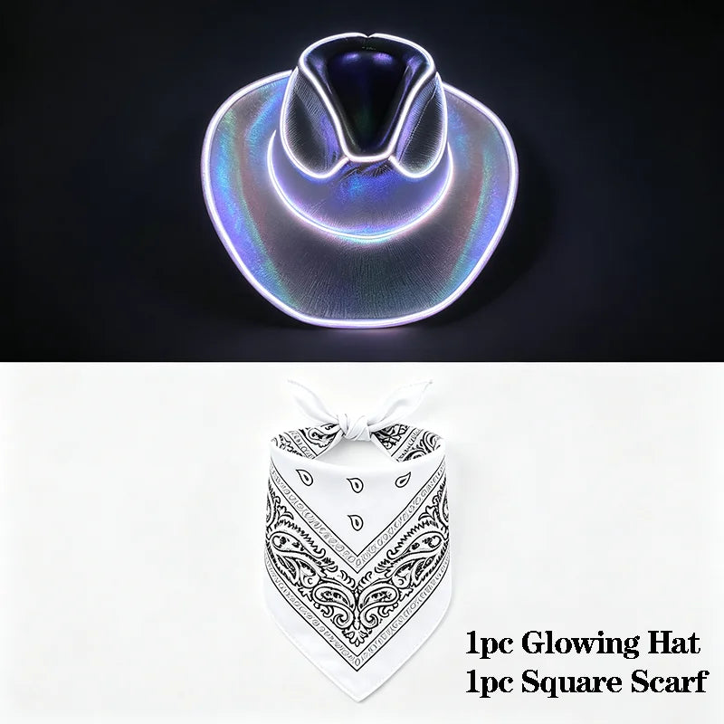 EL Wire Glowing Cowboy Hat Square Bandana Scarf Set Neon Light Up Hat for Women Men Halloween Rave Party Cosplay Costume Outfit