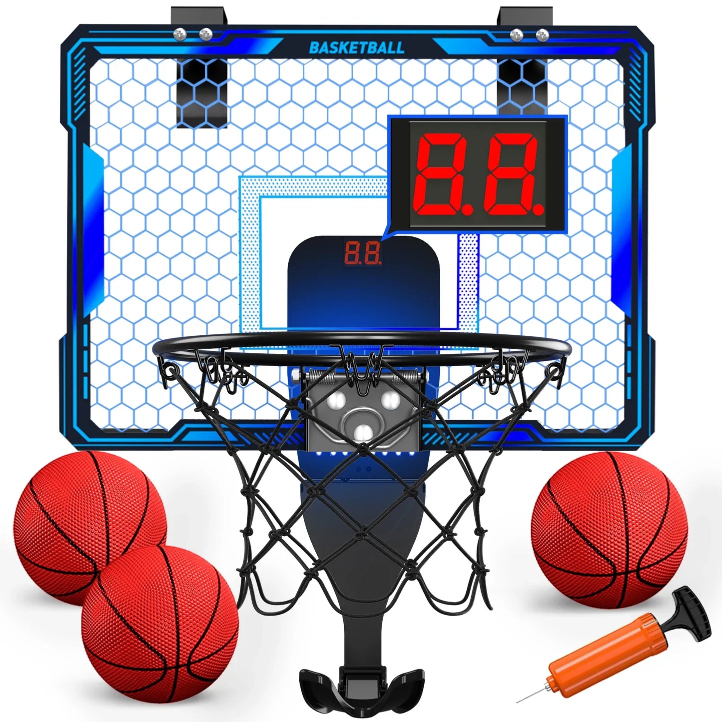 Mini Indoor Basketball Hoop with 7 LED Lights Scoreboard 3 Play Modes Adjustable Volume over Door Foldable for Kids Adults
