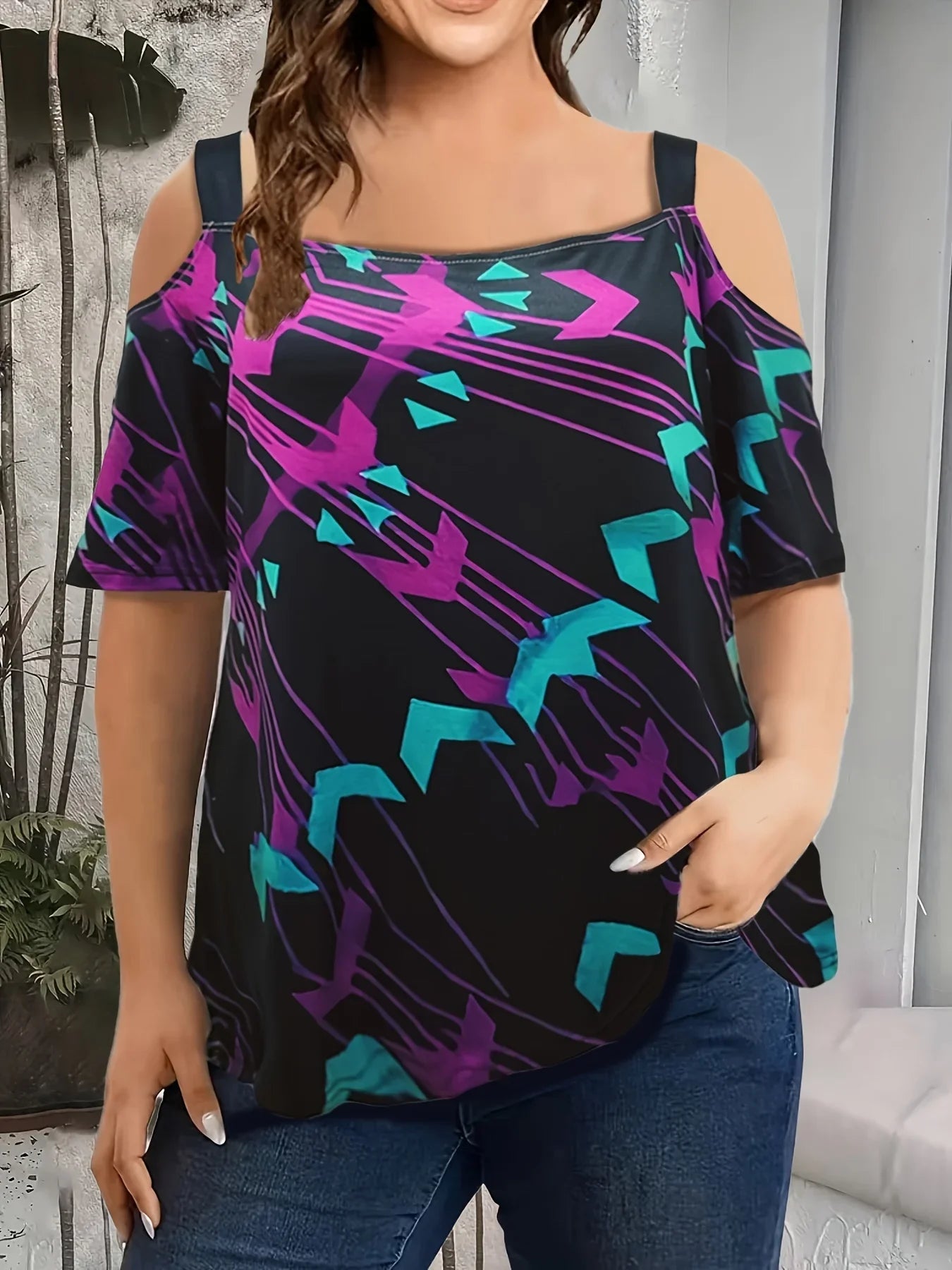 Summer new fashion strap off-the-shoulder multi-color print plus size women's short sleeve t-shirt
