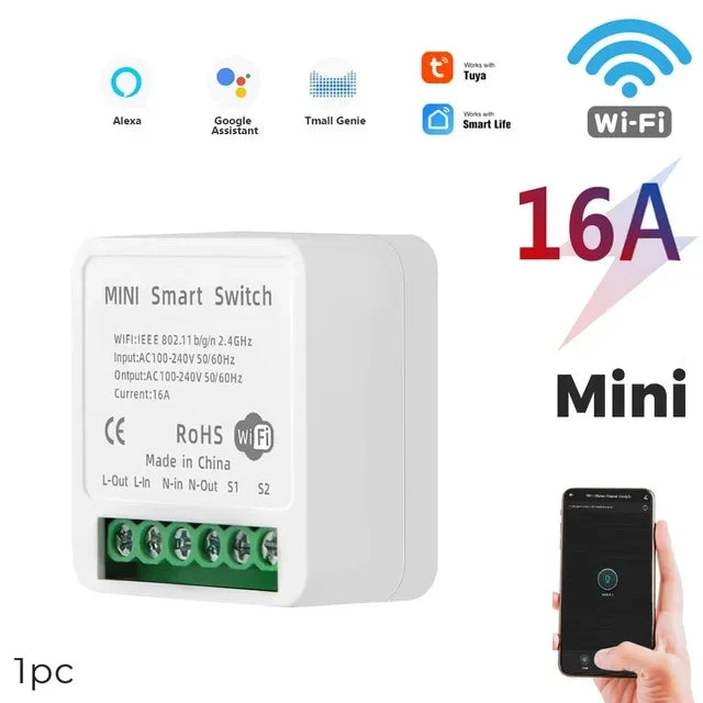 1pc 16A Mini Wifi DIY Light Switches Module 2-way Control Works With Tuya Smart Life APP Alexa Alice Google Home