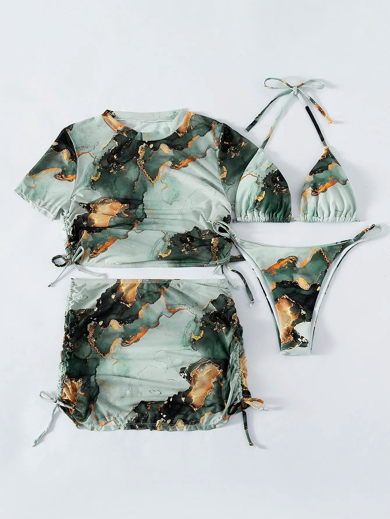 Conjunto de bikini halter de 4 piezas con estampado de mármol