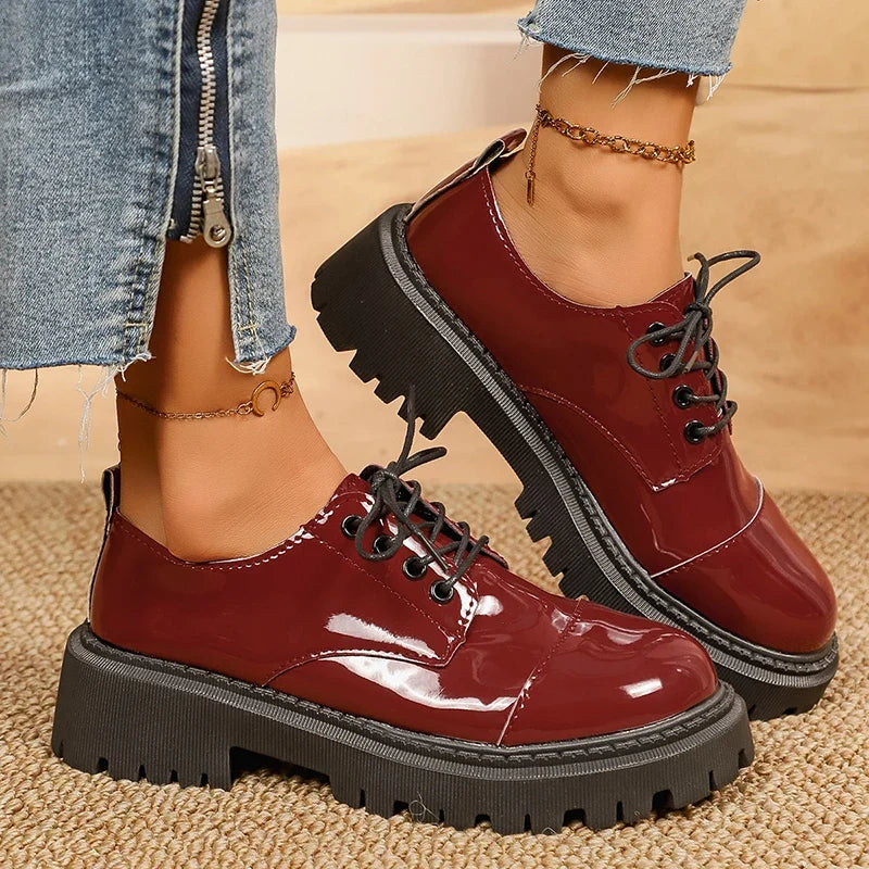 Fashion Printed Platform Oxford Shoes Women Comfortable Plus Size 43 Lace Up Pu Leather Shoes Woman Red Thick Sole Loafers Mujer