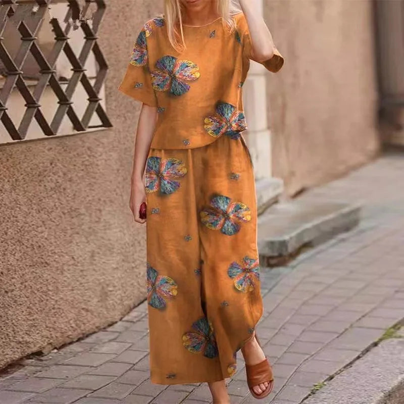 Autumn New Women's Fashion Printed Cotton Linen Plant Flower Three Sleeve Short Sleeved Casual Nine Piece Pants Two-piece Set