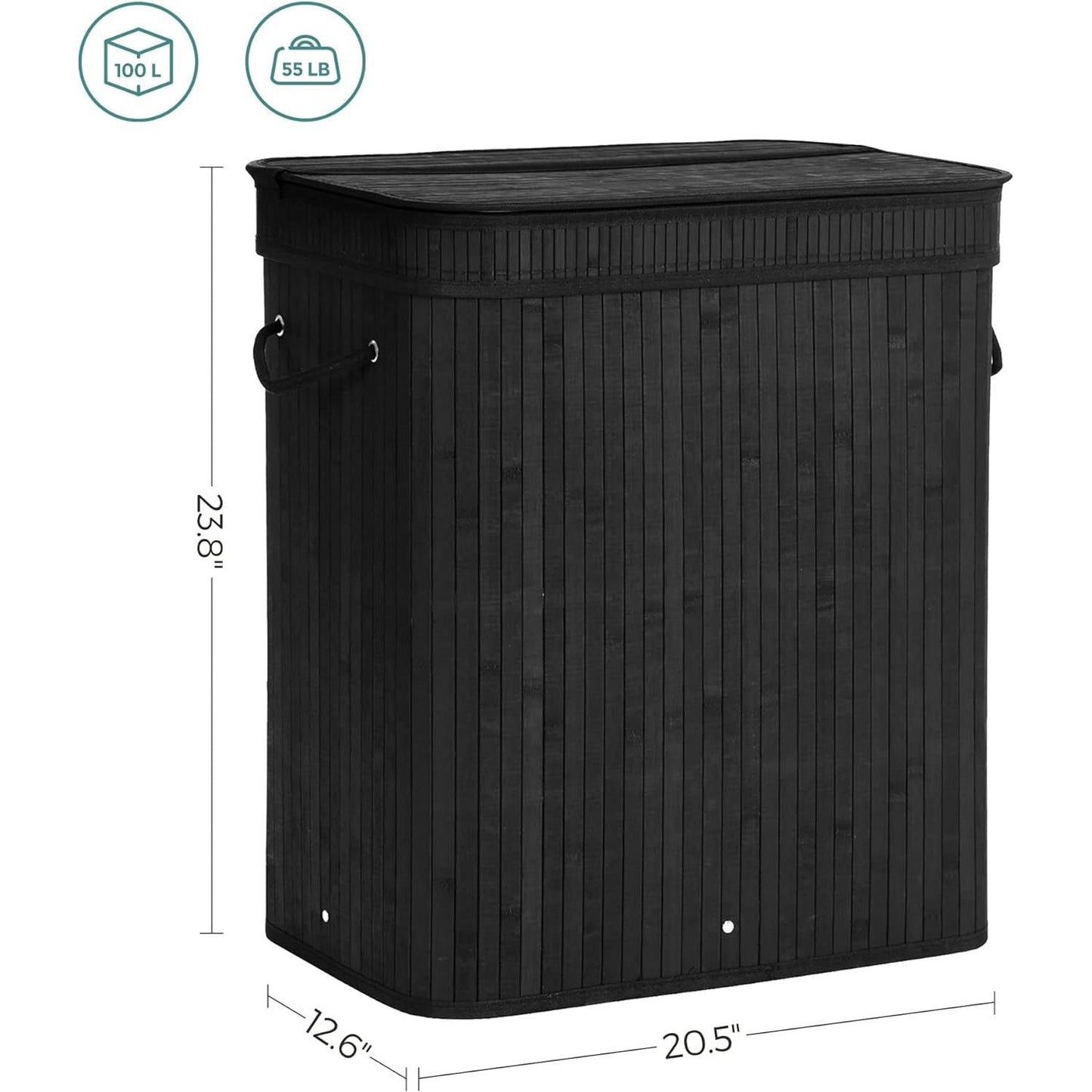 Cesto de ropa sucia de bambú negro de 98 litros con bolsa de algodón extraíble y lavable