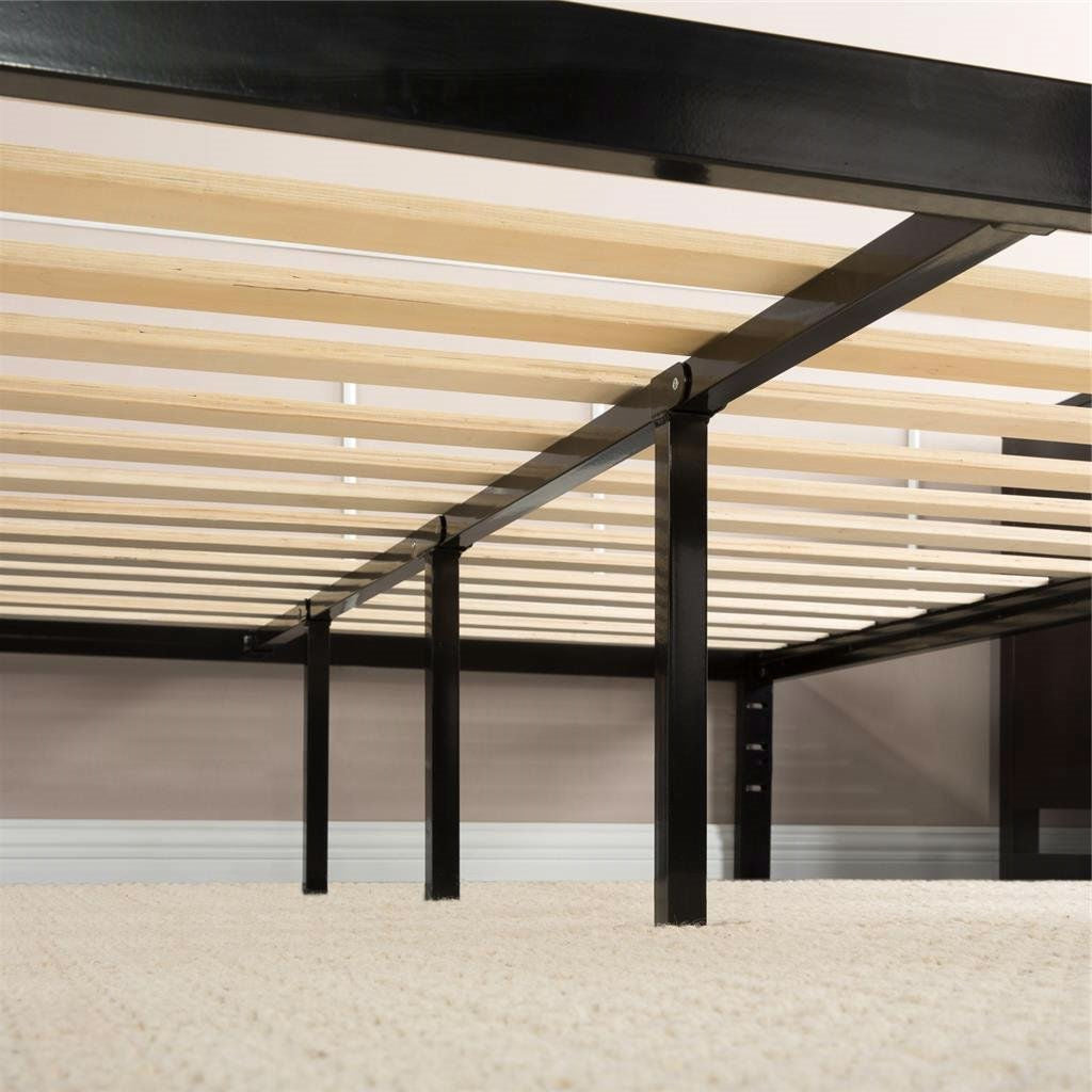 Base de cama tipo plataforma individual de metal negro con listones de madera