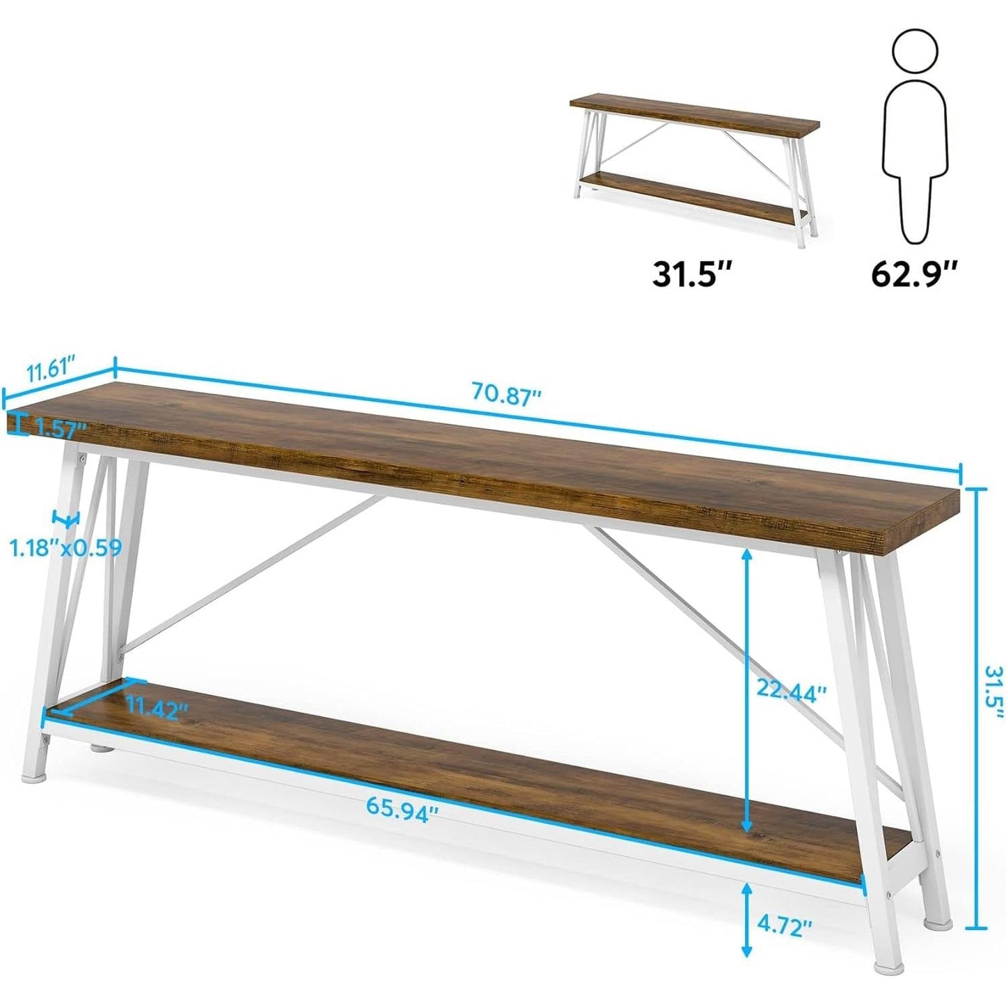 Mesa de Sofá Industrial de 70 Pulgadas con Tapa de Madera Marrón y Estructura de Metal Blanco de Alta Resistencia