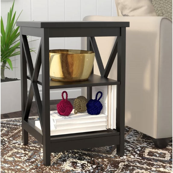 Mesa auxiliar de noche con diseño en X de madera negra con 3 estantes abiertos