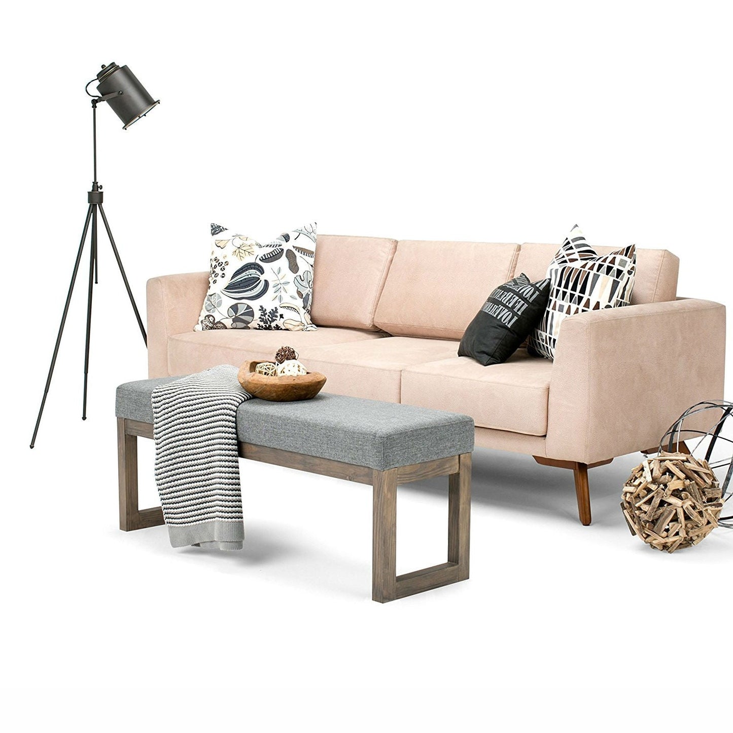 Otomana tipo banco auxiliar con estructura de madera moderna y asiento tapizado en tela gris