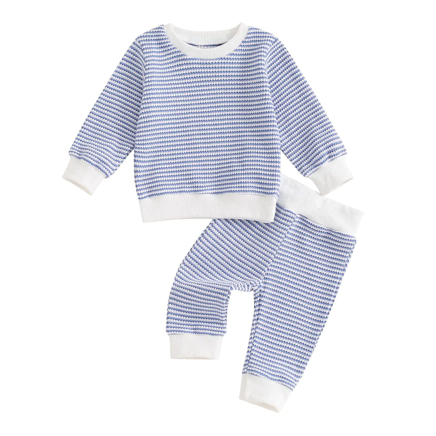 ZAXARRA Baby Boy Fall Clothes Long Sleeve Toddler Boy Waffle Sweatshirt Pullover Tops Pants Infant Fall Winter Outfits (Light Blue 12-18 Months) - # BAAA51210034