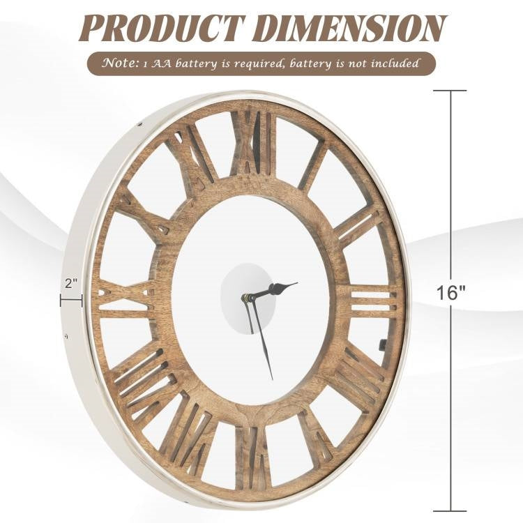 Reloj de pared clásico de 16 pulgadas con números romanos de madera natural estilo rústico