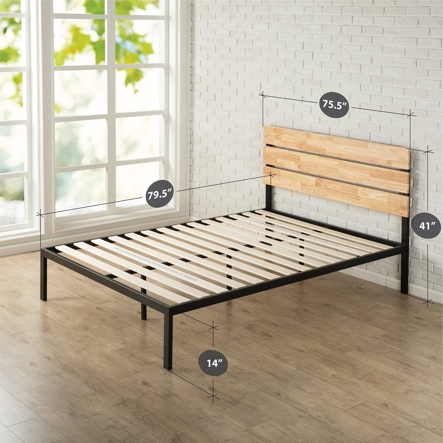 Base de cama de plataforma moderna de metal tamaño King con cabecero y listones de madera